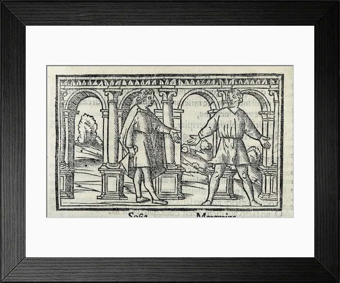 Framed Print : Plautus (254-184 BC). Illustration of the work 'Amphitryo' with the characters of Sophie and Mercurius, in an edition of Plautus 'Comedies' from 1518 Framed Print : Plautus (254-184 BC). Illustration of the work 'Amphitryo' with the characters of Sophie and Mercurius, in an edition of Plautus 'Comedies' from 1518