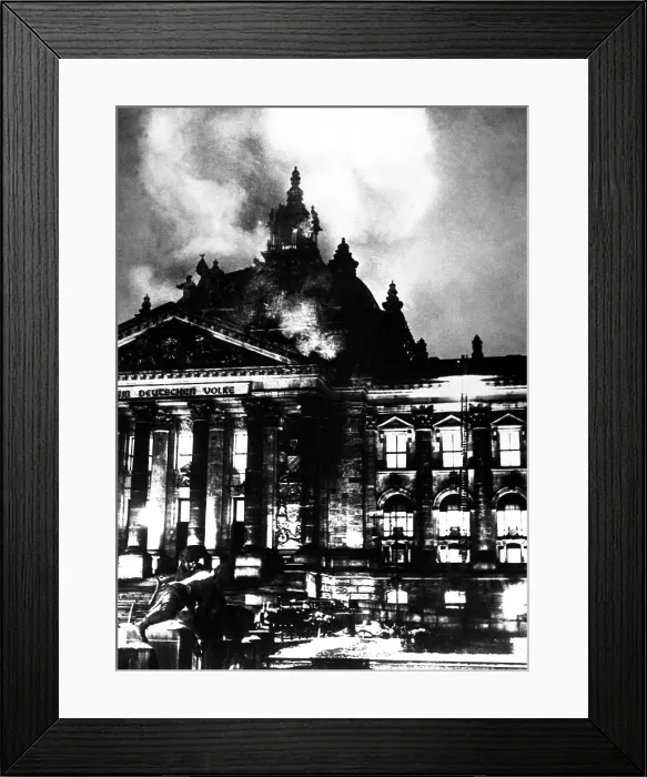 Framed Print : The burning Reichstag in February 27, 1933. The fire broke out simultaneously in 20 places, enabling Hitler to seize power under the pretext of protecting Germany