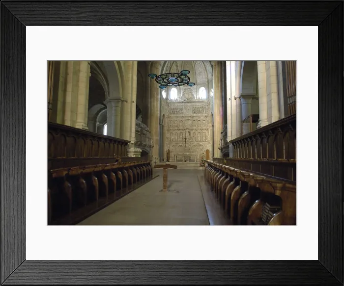 Framed Print : SPAIN. Vimbod. Monastery of Poblet. Cister Monasteries Route. Monastery of Santa Maria de Poblet. Interior of the church. Choir chairs and alabaster altapiece by Dami Forment