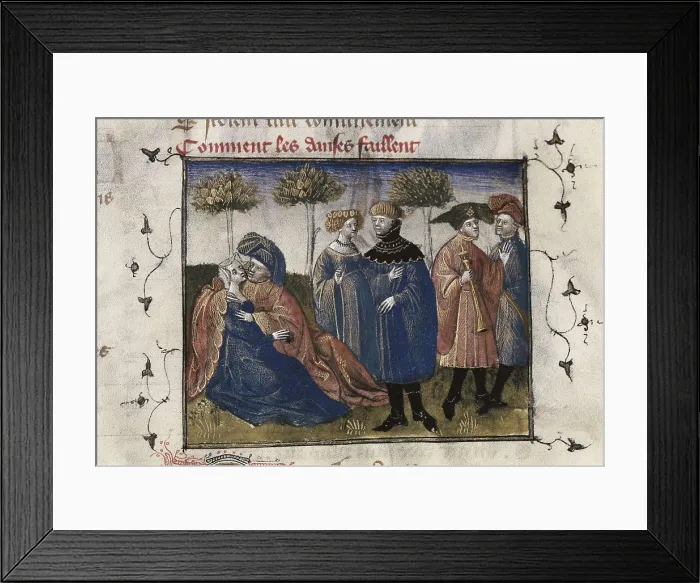 Framed Print : The Romance of the Rose. s.XIV. 'Courtesan gallant scene'. Gothic art. Miniature Painting. SPAIN. Valencia. Valencia University Library