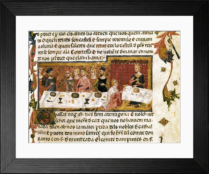 Framed Print : Llibre del Feits or Chronicle of James I the Conqueror. Folio I with the picture of the banquet of Tarragona, during which Pere Martell proposes to the king the conquest of Mallorca