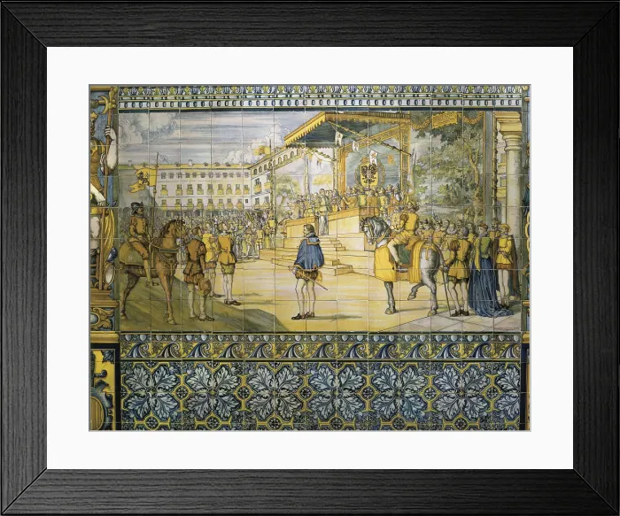 Framed Print : PHILIP II of Spain (1527-1598). Party in Valladolid in tribute to Philip II (May 1559). Tile panel from the School of Talavera. Ceramics. SPAIN. CASTILE AND LEON. Valladolid Framed Print : PHILIP II of Spain (1527-1598). Party in Valladolid in tribute to Philip II (May 1559). Tile panel from the School of Talavera. Ceramics. SPAIN. CASTILE AND LEON. Valladolid