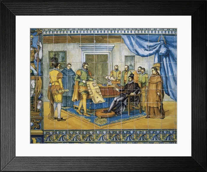Framed Print : PHILIP II of Spain (1527-1598). Presentation of the new town planning of Valladolid to the King Philip II (10th May 1562). Tile panel from the School of Talavera. Ceramics. SPAIN