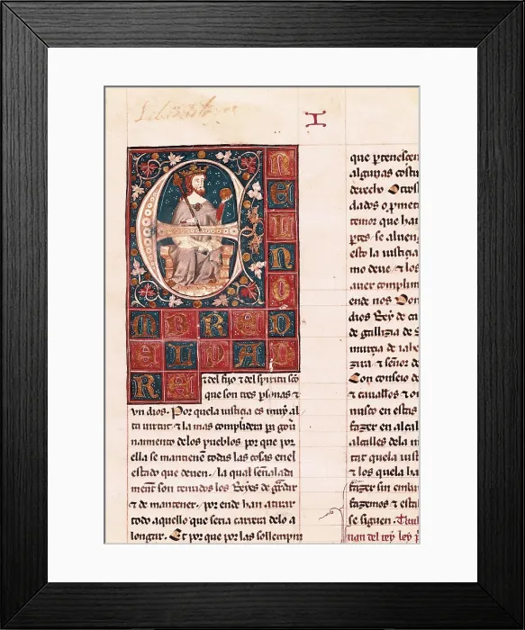 Framed Print : Alfonso X, called 'The Wise' (1221-1284). 'Ordenamiento de Alcal' (Alcal Code), edition from the 14th c. Initial with seated portrait of Alfonso X. Gothic art Framed Print : Alfonso X, called 'The Wise' (1221-1284). 'Ordenamiento de Alcal' (Alcal Code), edition from the 14th c. Initial with seated portrait of Alfonso X. Gothic art