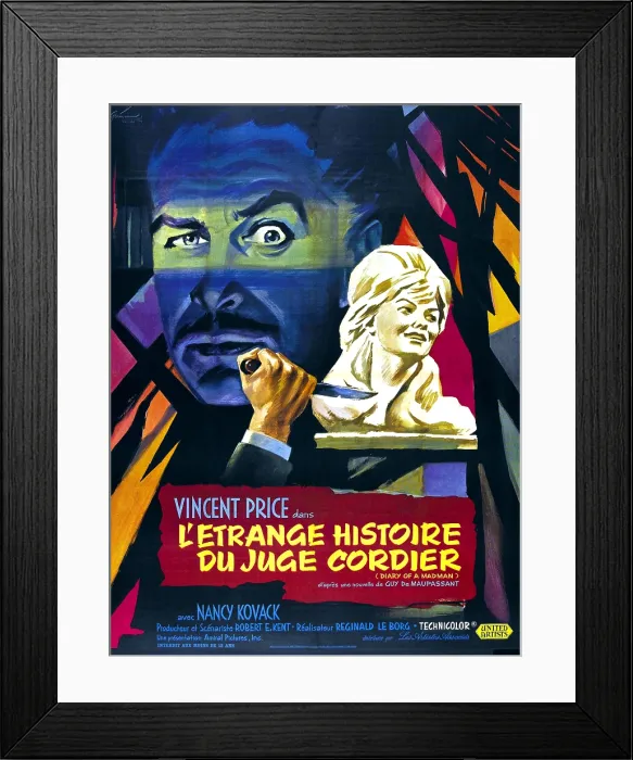 Framed Print : DIARY OF A MADMAN, (aka L'ETRANGE HISTOIRE DU JUGE CORDIER, (aka The Strange History of Judge Cordier); upper left: Vincent Price, French poster art, 1963 Framed Print : DIARY OF A MADMAN, (aka L'ETRANGE HISTOIRE DU JUGE CORDIER, (aka The Strange History of Judge Cordier); upper left: Vincent Price, French poster art, 1963