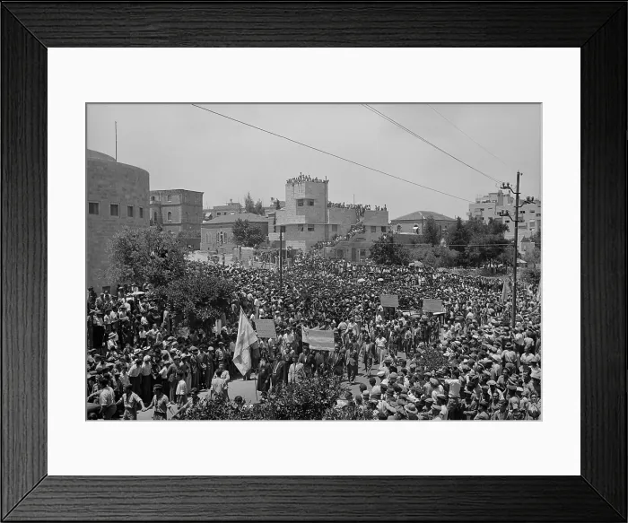 Framed Print : Jewish protest against Palestine White Paper, May 18, 1939. Procession outside the Yeshurun Synagogue on King George Ave. Jerusalem Framed Print : Jewish protest against Palestine White Paper, May 18, 1939. Procession outside the Yeshurun Synagogue on King George Ave. Jerusalem