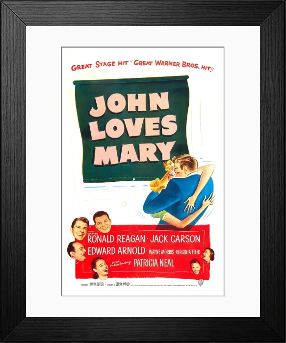 Framed Print : JOHN LOVES MARY, US poster, bottom left from top: Jack Carson, Ronald Reagan, Edward Arnold, Patricia Neal, bottom right: Wayne Morris, Virginia Field, 1949