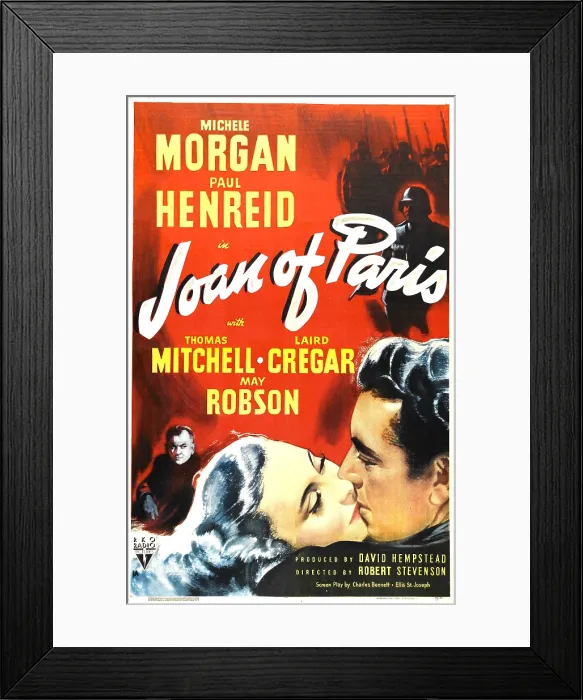 Framed Print : JOAN OF PARIS, US poster, bottom from left: Alexander Granach, Michele Morgan, Paul Henreid, 1942