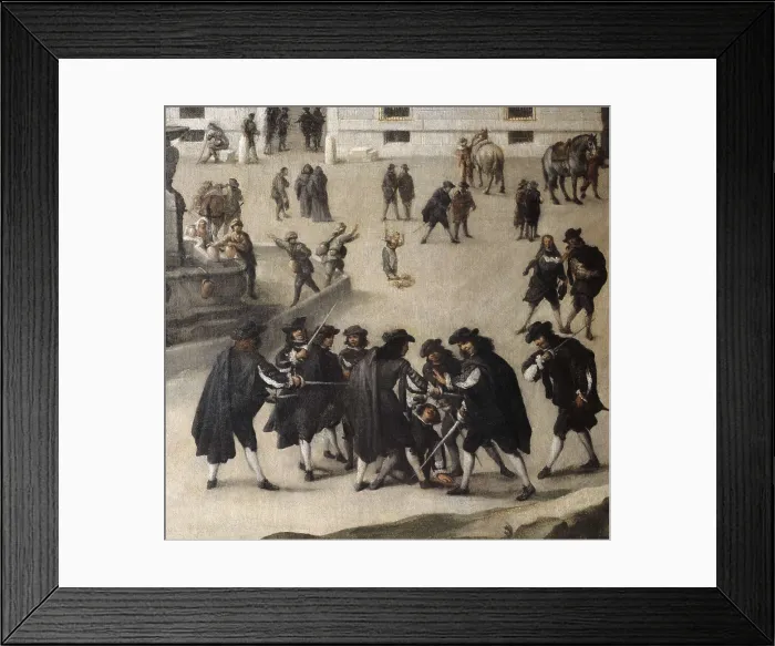 Framed Print : Miracle of the Virgin of Atocha in the Works of the Casa de la Villa. c. 1680. Madrilian anonymous. Right detail with a street duel scene. Oil on canvas. SPAIN. Madrid