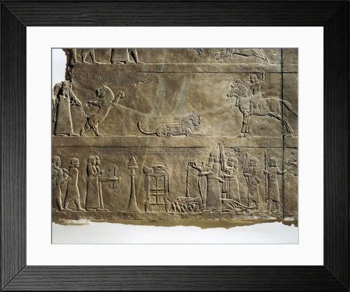 Framed Print : Detail. Assyrian art. Relief on rock. UNITED KINGDOM. London. The British Museum. Proc: IRAQ. Kuyunjik. Nineveh. Palace of Ashurbanipal. AISA / Everett Collection**US SALES ONLY**