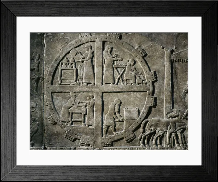 Framed Print : Scenes of domestic life. 865 BC. Assyrian art. Relief on rock. UNITED KINGDOM. London. The British Museum. Proc: IRAQ. Kalhu. Nimrud. AISA / Everett Collection**US SALES ONLY**
