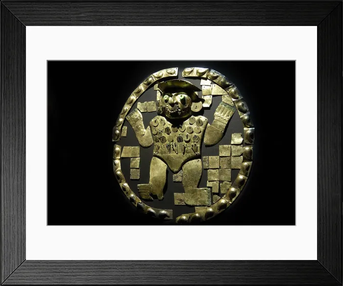 Framed Print : Copper circular standard depicting the enigmatic 'goddess of the Ulluchos' (3rd c. AD). Moche or Mochica Art. PERU. Sipn. Royal Tombs of Sipn Museum