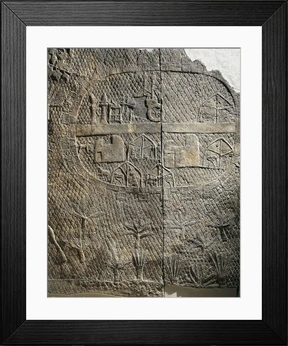 Framed Print : Detail of a panel. Depiction of a peasant's estate in a palmar grove. Assyrian art. Relief on rock. UNITED KINGDOM. London. The British Museum. Proc: IRAQ. Kuyunjik. Nineveh