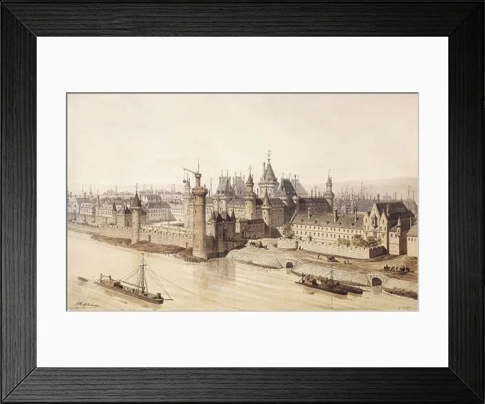 Framed Print : HOFFBAUER, Theodor Josef Hubert (1839-1922). Le Louvre 1380. end 19th c. Paris. The Louvre in Charles V's times (1380). Watercolour. FRANCE. Paris