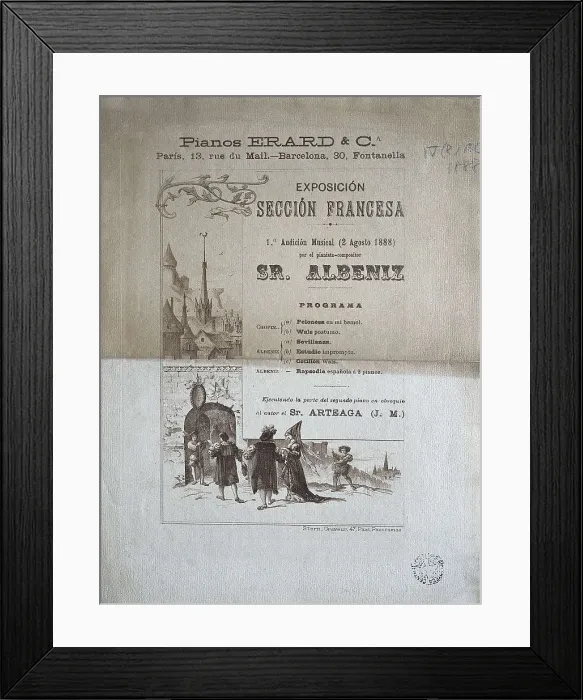 Framed Print : ALBENIZ, Isaac (1860-1909). Concert programme for piano by Isaac Albniz performed in Barcelona the 2nd August 1888, during the Barcelona Universal Exhibition. SPAIN. Barcelona Framed Print : ALBENIZ, Isaac (1860-1909). Concert programme for piano by Isaac Albniz performed in Barcelona the 2nd August 1888, during the Barcelona Universal Exhibition. SPAIN. Barcelona