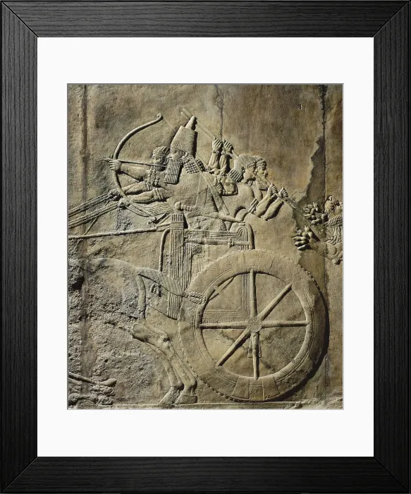 Framed Print : Ashurbanipal in his charriot. Assyrian art. Relief on rock. UNITED KINGDOM. London. The British Museum. Proc: IRAQ. Kuyunjik. Nineveh. Palace of Ashurbanipal