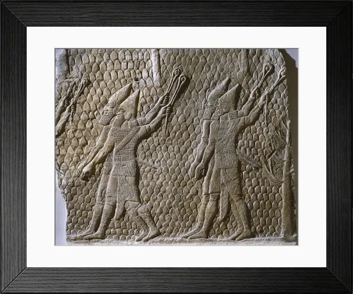Framed Print : Slingers. Assyrian art. Relief on rock. UNITED KINGDOM. London. The British Museum. Proc: IRAQ. Kuyunjik. Nineveh. Palace of Ashurbanipal. AISA / Everett Collection**US SALES ONLY**