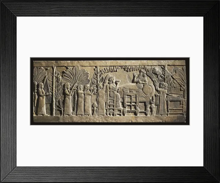 Framed Print : The Garden Party relief from the North Palace of Ashurbanipal. ca. 645 BC. Banquet scene with Ashurbanipal, the queen, servants and harp player. Assyrian art. Relief on rock Framed Print : The Garden Party relief from the North Palace of Ashurbanipal. ca. 645 BC. Banquet scene with Ashurbanipal, the queen, servants and harp player. Assyrian art. Relief on rock