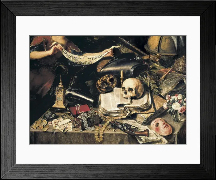 Framed Print : PEREDA, Antonio de (1608-1678). The Knight's Dream. c. 1670. Detail of the table, full of objects that symbolize the mundane nature of the existence. Baroque art Framed Print : PEREDA, Antonio de (1608-1678). The Knight's Dream. c. 1670. Detail of the table, full of objects that symbolize the mundane nature of the existence. Baroque art