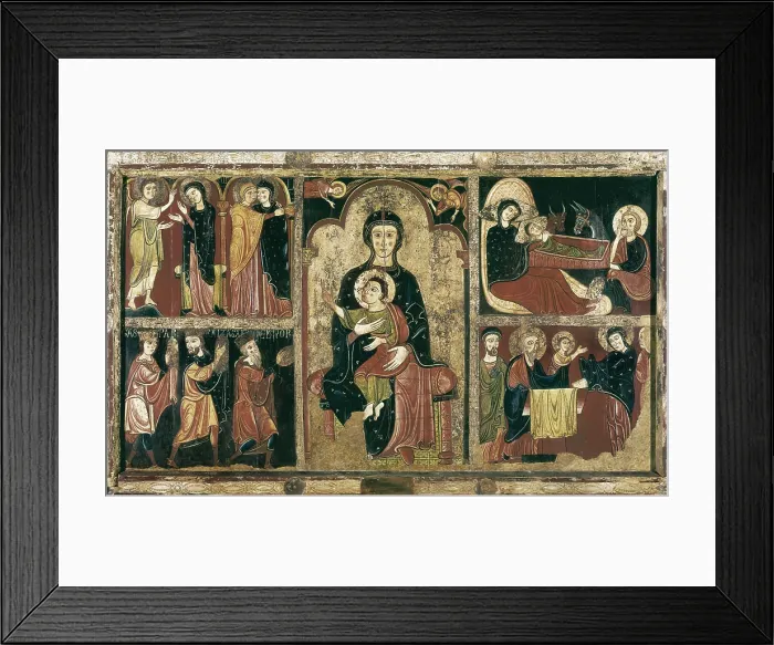Framed Print : Avia, master of (120- ). Altar Frontal from Avi. ca. 1170 - ca. 1190. The Virgin with the Child is shown in the centre, with scenes from Jesus chilhood on the side