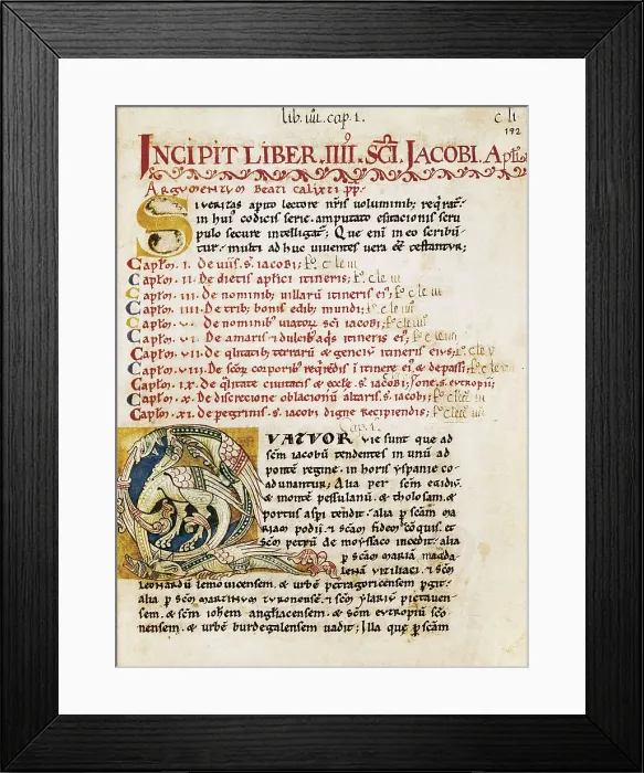 Framed Print : Calixtine Code. beg. 12th c. First page of this book dedicated to Santiago (Saint Jacques) and his pilgrimage. Romanesque art. Miniature Painting. SPAIN. Santiago de Compostela