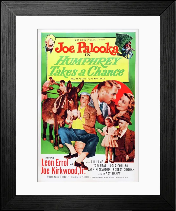 Framed Print : JOE PALOOKA IN HUMPHREY TAKES A CHANCE, US poster art, inset: Joe Kirkwood Jr. Lois Collier; below for left: Robert Coogan, Mary Margaret Robinson, Leon Errol, 1950