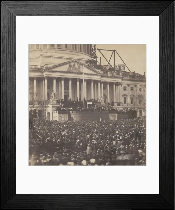 Framed Print : General view of Inauguration of Mr. Lincoln, March 4, 1861. Lincoln is standing under the wood canopy, with his face in shadow but his white shirt front is visible