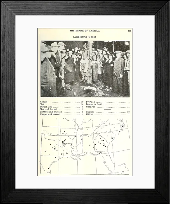 Framed Print : Shame of America. Lynching in 1922. Page from CRISIS magazine edited by W. E. B. Du Bois for the NAACP. Below the image, are a map and details of 60 Southern lynchings in 1922