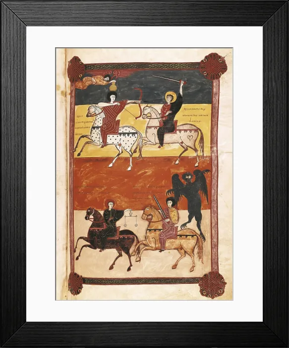 Framed Print : Beatus of Libana. 1047. The Four Horsemen of the Apocalypse. Mozarabic art. ; Romanesque art. Miniature Painting. SPAIN. Madrid. National Library. Proc: SPAIN. Len