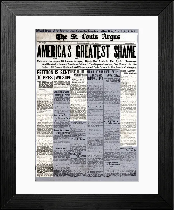 Framed Print : AMERICA'S GREATEST SHAME, reads the headline of the St. Louis Argus newspaper of May 25, 1917. Below are articles about a recent NAACP petition to Pres Framed Print : AMERICA'S GREATEST SHAME, reads the headline of the St. Louis Argus newspaper of May 25, 1917. Below are articles about a recent NAACP petition to Pres
