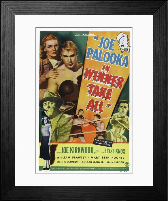 Framed Print : JOE PALOOKA IN WINNER TAKE ALL, from top: Elyse Knox, Joe Kirkwood Jr. William Frawley, Mary Beth Hughes, right from top: Stanley Clements, Sheldon Leonard on poster art, 1948
