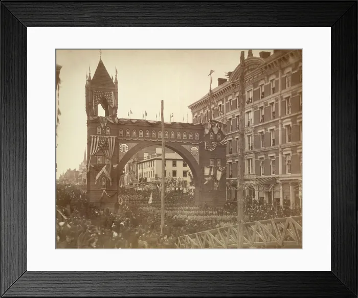 Framed Print : President James Garfields inaugural parade, March 4, 1881. Soldiers march through the Grand Arch near the Treasury building on Pennsylvania Avenue