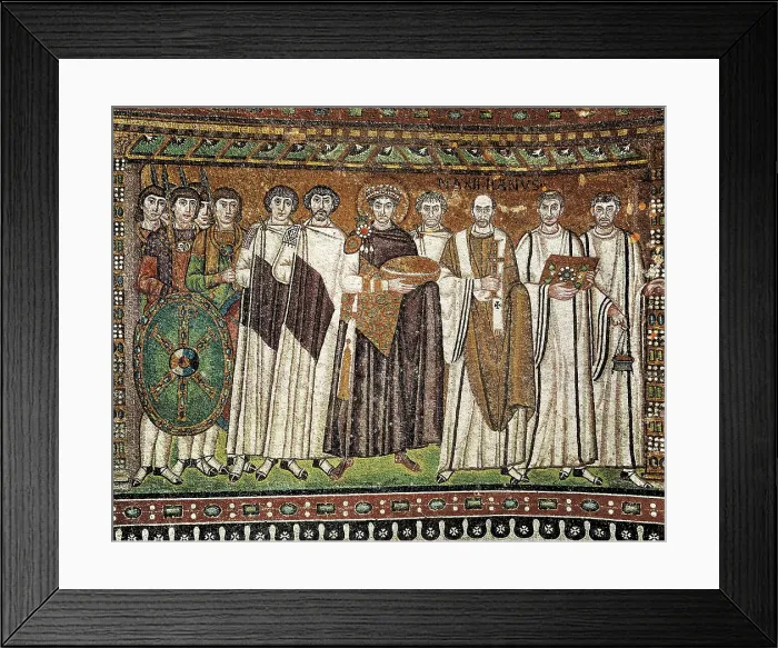 Framed Print : Emperor Justinian and his Court. ca. 547. ITALY. Ravenna. San Vitale. Early Byzantine art. Mosaic. AISA / Everett Collection**US SALES ONLY**