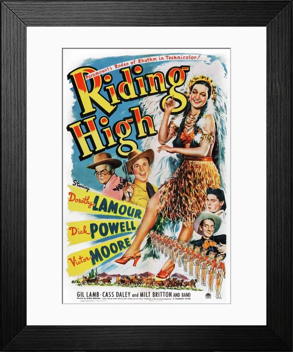 Framed Print : RIDING HIGH, US poster art, clockwise from left, Victor Moore, Dick Powell, Dorothy Lamour, Cass Daley, Gil Lamb, 1943 Framed Print : RIDING HIGH, US poster art, clockwise from left, Victor Moore, Dick Powell, Dorothy Lamour, Cass Daley, Gil Lamb, 1943