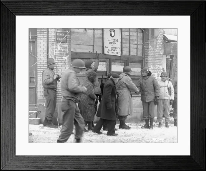 Framed Print : U.S. military personnel revisiting Bastogne, Belgium, six years after the Battle of the Bulge Framed Print : U.S. military personnel revisiting Bastogne, Belgium, six years after the Battle of the Bulge