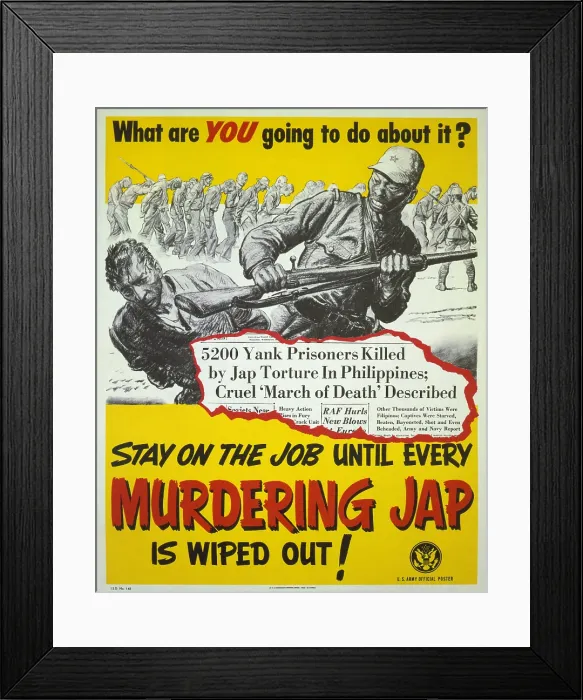 Framed Print : U.S. World War 2 propaganda poster responding to Japanese brutality to prisoners of War. With headlines and images depicts POW mistreatment