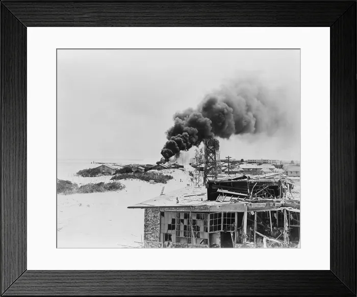 Framed Print : Smoke rising from burning oil tanks on Sand Island, Midway, after Japanese air attack, June 4, 1942