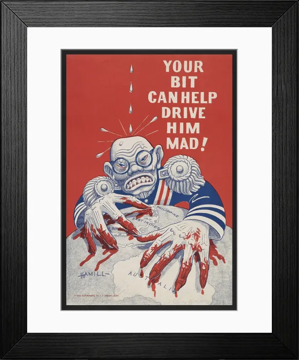 Framed Print : Caricature of Emperor Hirohito with bloody fingers grasping on a globe as water drips on his head. The U.S