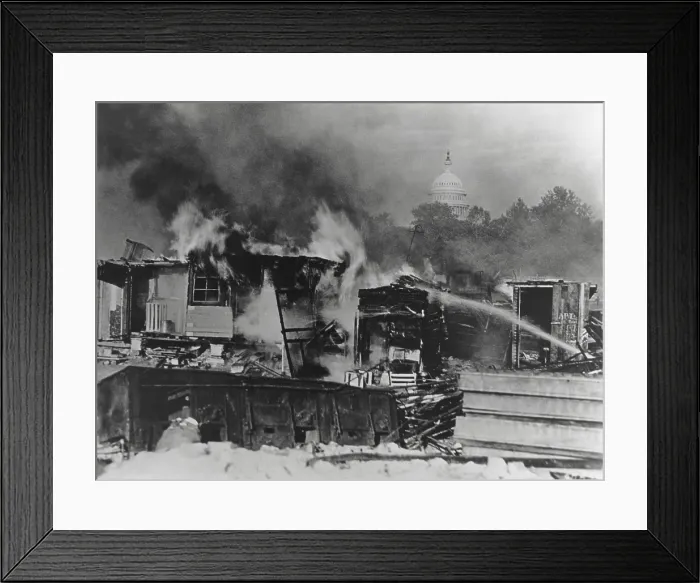Framed Print : Bonus Army shacks on fire at Anacostia flats, Washington, D.C. Army troops broke up the Bonus Marchers protest and burnt their shanty town on July 29, 1932. (BSLOC_2013_9_213) Framed Print : Bonus Army shacks on fire at Anacostia flats, Washington, D.C. Army troops broke up the Bonus Marchers protest and burnt their shanty town on July 29, 1932. (BSLOC_2013_9_213)