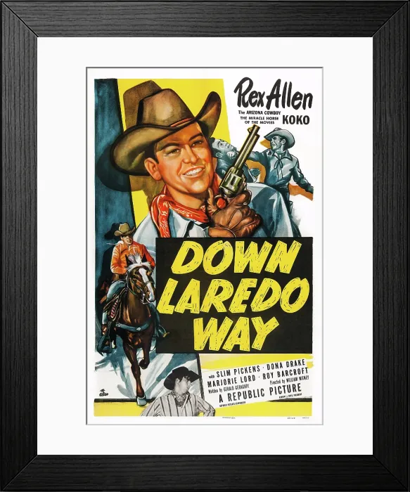 Framed Print : DOWN LAREDO WAY, US poster, Rex Allen (horseback and gun), Slim Pickens (bottom), 1953 Framed Print : DOWN LAREDO WAY, US poster, Rex Allen (horseback and gun), Slim Pickens (bottom), 1953