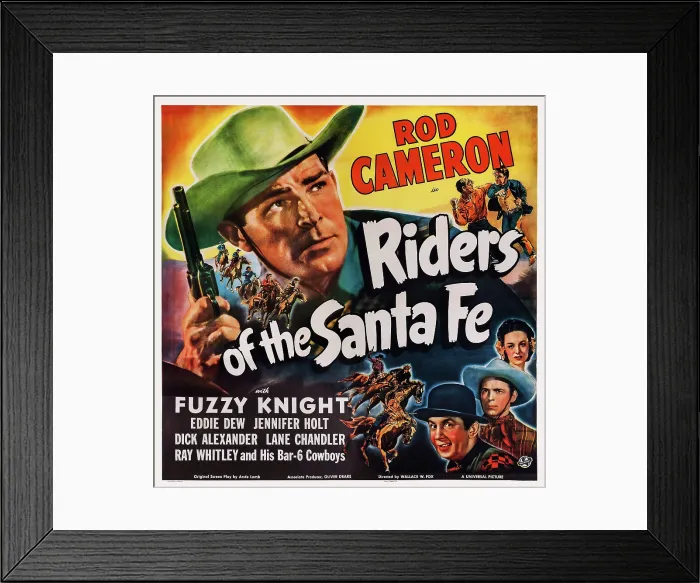 Framed Print : RIDERS OF THE SANTA FE, US poster art, top right: Rod Cameron; bottom from left: Fuzzy Knight, Lane Chandler, Jennifer Holt, 1944
