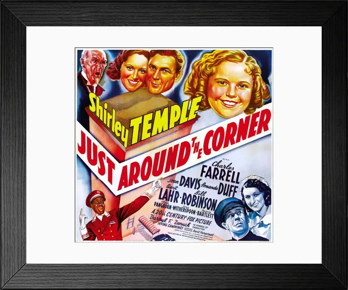 Framed Print : JUST AROUND THE CORNER, top l-r: Claude Gillingwater, Amanda Duff, Charles Farrell, Shirley Temple, bottom l-r: Bill Robinson, Bert Lahr, Joan Davis on poster art, 1938 Framed Print : JUST AROUND THE CORNER, top l-r: Claude Gillingwater, Amanda Duff, Charles Farrell, Shirley Temple, bottom l-r: Bill Robinson, Bert Lahr, Joan Davis on poster art, 1938