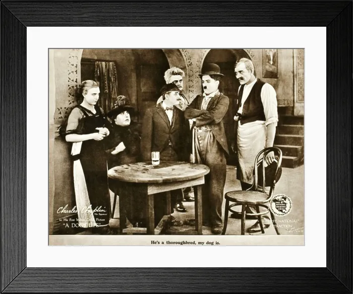 Framed Print : A DOG'S LIFE, left: Edna Purviance; second from left: Henry Bergman; second from right: Charlie Chaplin on lobbycard, 1918