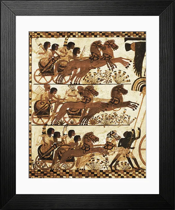 Framed Print : Painted chest depicting a king on his chariot attacking an enemy. ca. 1340 BC. Left detail, the army of the Pharaoh. Found at the Treasure of Tutankhamun. Painted wood