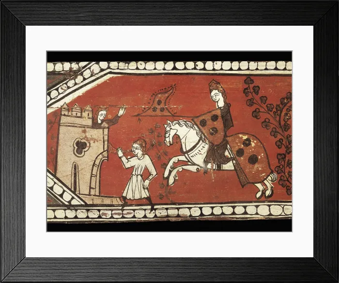 Framed Print : Standard Bearers Knights. 13th c. Detail: the knight, the princess and the herald. Painting on wood from de decoration of 13th century roof. Unknown origin. Tempera on wood