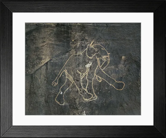 Framed Print : LIBYA. Tadrart Acacus. Rupestrian carving with representation of elephant on the rock of Wadi Matendous (12.000-8000 BC). Neolithic art. Petroglyph