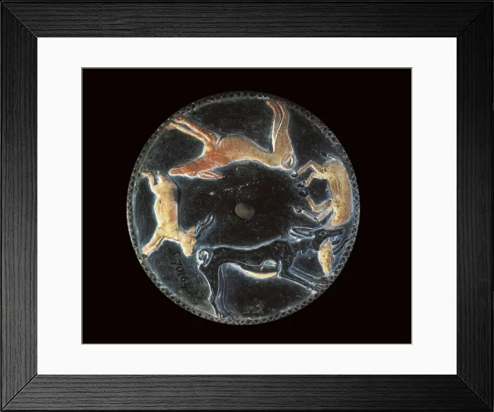 Framed Print : Disk with dogs chasing a gazelle. 33rd-31st c. BC. The tomb of this officer from the 1st Dynasty, during the kingdom of Den, contained several disks. Egyptian art. Thinite period