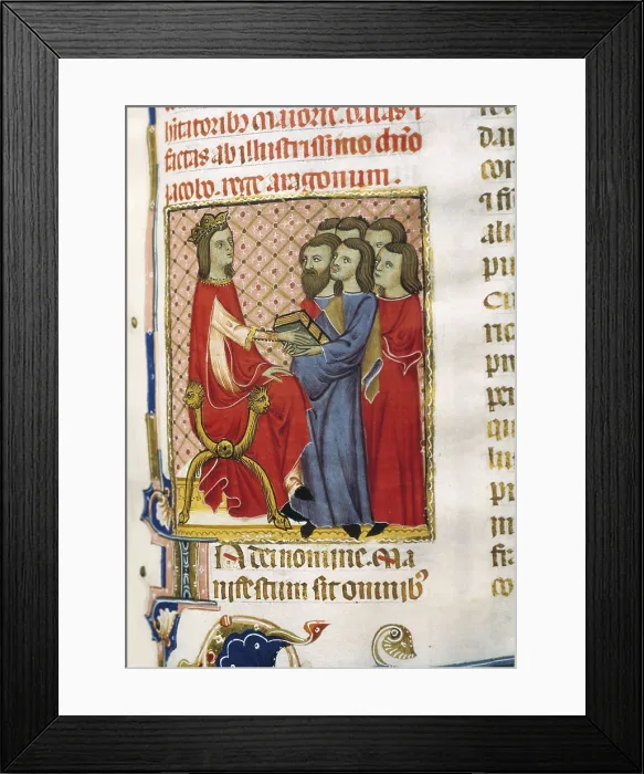 Framed Print : Jaime II (1243-1311). 'Llibre de franqueses i privilegis del regne de Mallorca'. Fol. 61. Representation of the king still being prince in a meeting with courtisans Framed Print : Jaime II (1243-1311). 'Llibre de franqueses i privilegis del regne de Mallorca'. Fol. 61. Representation of the king still being prince in a meeting with courtisans