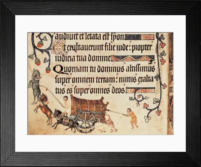 Framed Print : Luttrell Psalter. 14th c. Blocked cart pulled by horses and helped by men. Gothic art. Miniature Painting. UNITED KINGDOM. London. The British Museum