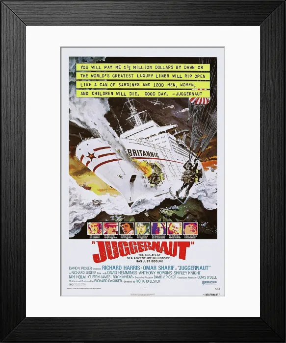 Framed Print : JUGGERNAUT, US poster art, bottom, from left: Richard Harris, Omar Sharif, David Hemmings, Anthony Hopkins, Shirley Knight, Clifton James, Roy Kinnear, 1974